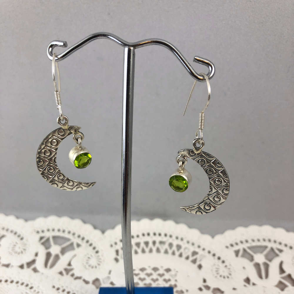 Peridot 925 Silver Earrings Moon and Stars Tonight - Picture 4 of 4
